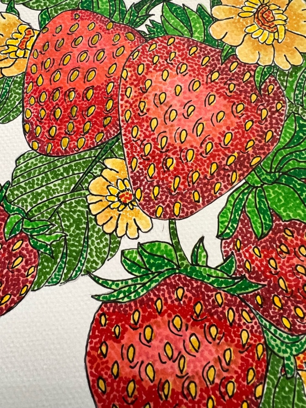 Strawberry Botanical Dot Painting – Original Watercolor (12x12) - Picture 2 of 3